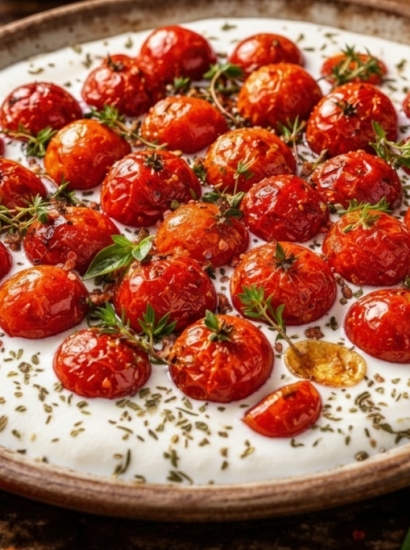 Pomodori ciliegini arrostiti e speziati su yogurt freddo